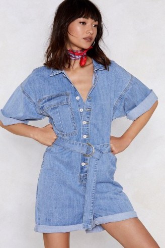 Nasty Gal Play It Up Denim Romper | blue belted jumpsuit - flipped