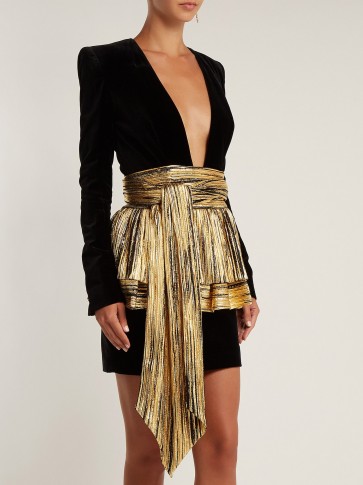 ALEXANDRE VAUTHIER Pleated-overlay mini dress ~ black and metallic-gold ~ glamorous lbd