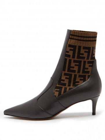 FENDI Point-toe brown leather logo print sock boots - flipped