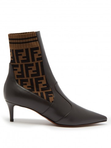 FENDI Point-toe brown leather logo print sock boots