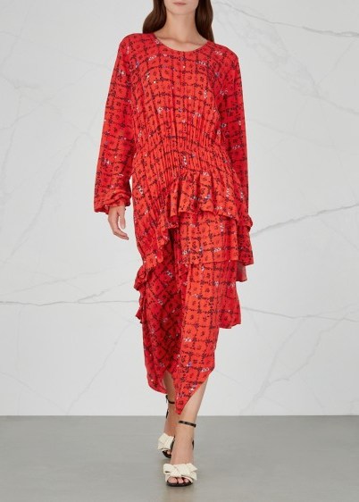 PREEN LINE Sinead red printed midi dress – asymmetric hemline – florals - flipped