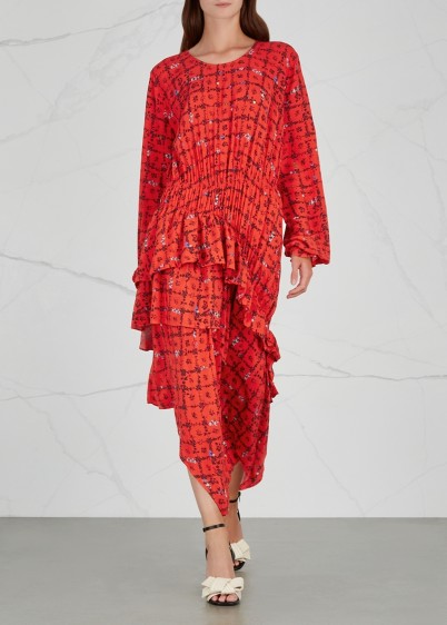 PREEN LINE Sinead red printed midi dress – asymmetric hemline – florals
