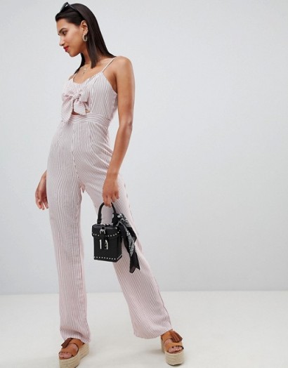 PrettyLittleThing Striped Bow Front Jumpsuit in Red and White | chic summer look