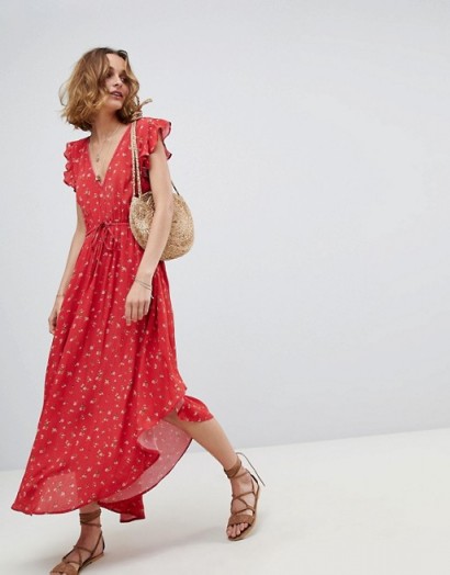 Rahi Cali Prairie Rose Bella Dress with Open Back | red plunging ruffle trimmed summer frock