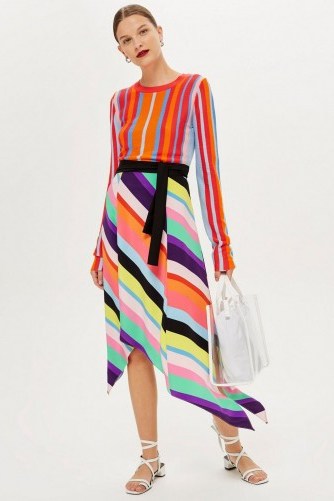 Topshop Rainbow Stripe Midi Skirt | asymmetric hemline - flipped