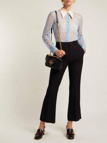 GUCCI Ribbon-tie blue sheer Chantilly-lace blouse ~ luxe vintage style clothing