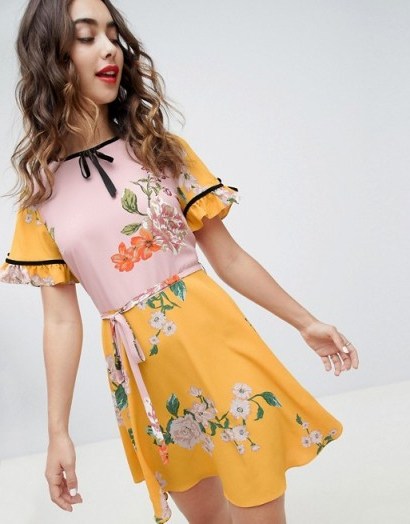 River Island floral print tea dress – yellow vintage style summer fashion - flipped