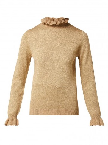 SHRIMPS Robin metallic-gold wool-blend roll-neck sweater ~ ruffle edged knitwear - flipped