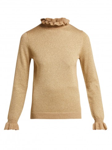 SHRIMPS Robin metallic-gold wool-blend roll-neck sweater ~ ruffle edged knitwear