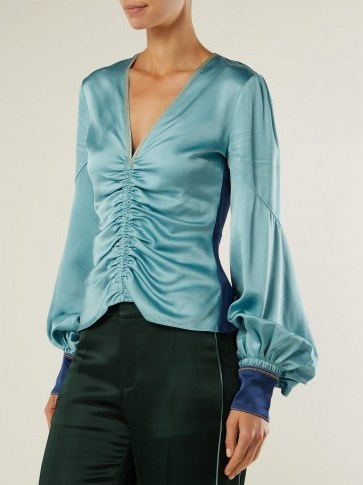 PETER PILOTTO Ruched blue satin V-neck blouse ~ slinky gathered top - flipped