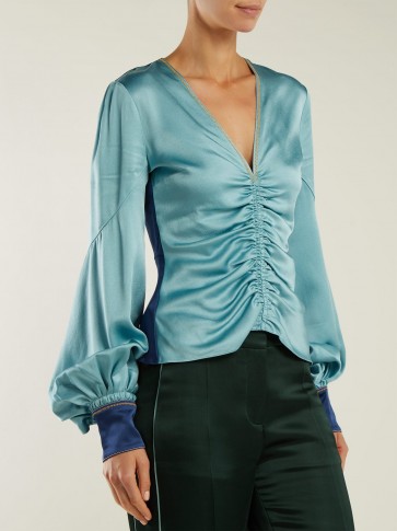PETER PILOTTO Ruched blue satin V-neck blouse ~ slinky gathered top