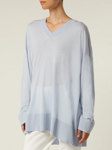 THE ROW Sabrinah oversized blue V-neck wool sweater ~ casual luxe knitwear - flipped