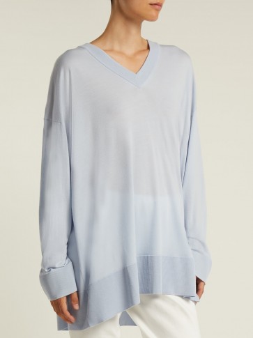 THE ROW Sabrinah oversized blue V-neck wool sweater ~ casual luxe knitwear