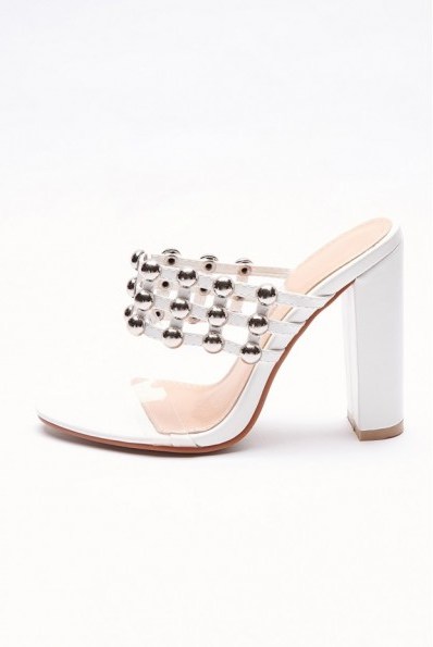 IN THE STYLE SAFFRAN WHITE STUDDED CLEAR STRAP HEELS ~ peep toe mules - flipped
