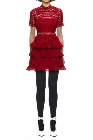 Self Portrait Red High Neck Star Lace Panelled Dress