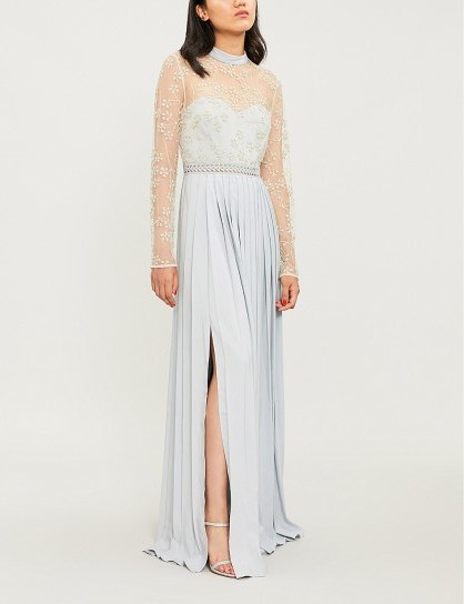 SELF-PORTRAIT Floral-embroidered mesh maxi dress gold-grey / semi sheer occasion gown - flipped