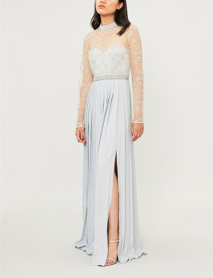 SELF-PORTRAIT Floral-embroidered mesh maxi dress gold-grey / semi sheer occasion gown