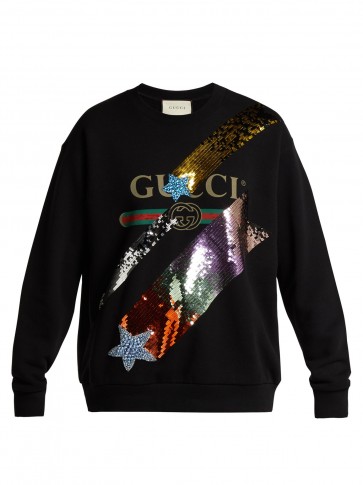 GUCCI Sequin-embellished black cotton sweatshirt
