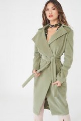 Lavish Alice asymmetric wool coat with storm flap in sage | green belted wrap coats | autumnal colours