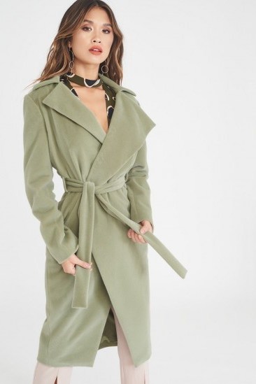 Lavish Alice asymmetric wool coat with storm flap in sage | green belted wrap coats | autumnal colours - flipped