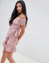 Sisters Of The Tribe Petite shirred bardot dress with wrap tie skirt in ditsy floral in dusty pink | off the shoulder summer frock