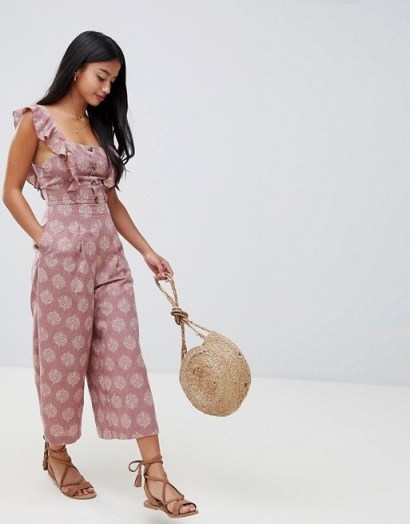 Sisters Of The Tribe Petite wide leg cropped jumpsuit in dark dusty pink | cropped summer jumpsuits - flipped