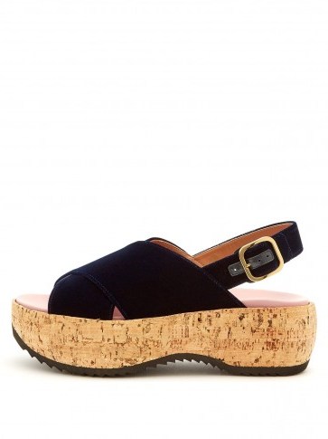 MARNI Slingback navy velvet cork heel flatform sandals ~ 70s summer chic - flipped