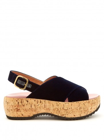 MARNI Slingback navy velvet cork heel flatform sandals ~ 70s summer chic
