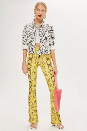 Topshop Snake Effect Flare Trousers | yellow retro pants - flipped