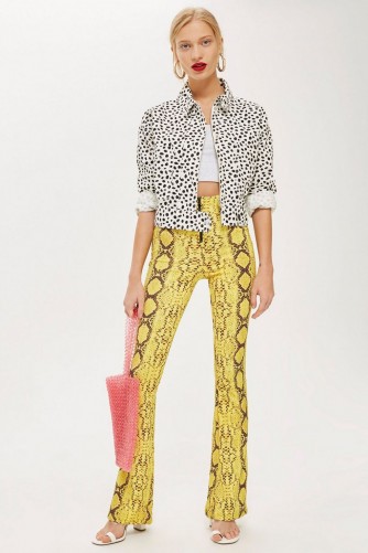 Topshop Snake Effect Flare Trousers | yellow retro pants