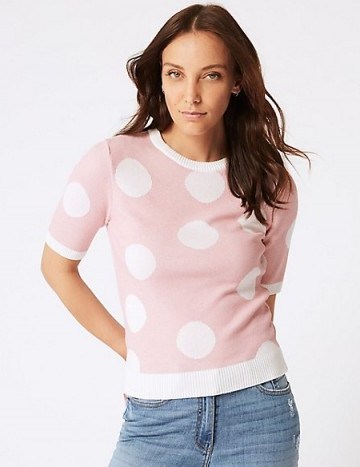 M&S COLLECTION Spotted Round Neck Short Sleeve Jumper Light Pink Mix / pretty crew neckline sweater - flipped