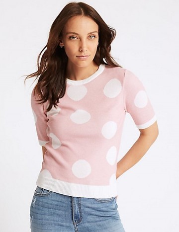 M&S COLLECTION Spotted Round Neck Short Sleeve Jumper Light Pink Mix / pretty crew neckline sweater