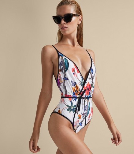 REISS TAHLIA PRINT PRINTED WRAP FRONT SWIMSUIT ECRU ~ effortless poolside glamour - flipped