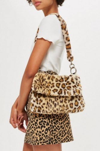 Topshop Teddy Fur Shoulder Bag in Tue Leopard | fluffy animal print handbag - flipped