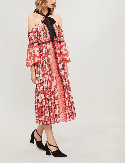 TEMPERLEY LONDON Odyssey cold-shoulder printed chiffon midi dress vermillion mix – red mixed prints – cold shoulder style - flipped