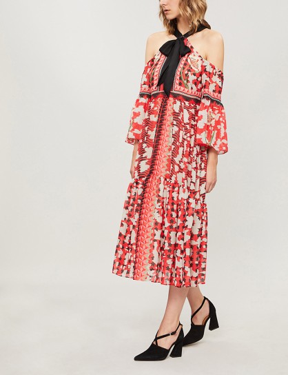TEMPERLEY LONDON Odyssey cold-shoulder printed chiffon midi dress vermillion mix – red mixed prints – cold shoulder style