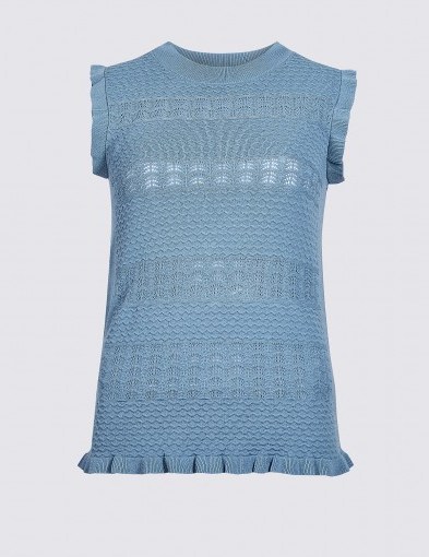 PER UNA Textured Round Neck Jumper Azure Blue / sleeveless frill trimmed knit - flipped