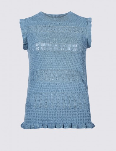 PER UNA Textured Round Neck Jumper Azure Blue / sleeveless frill trimmed knit