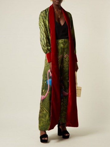 F.R.S – FOR RESTLESS SLEEPERS Tharos green flamingo-print silk coat ~ long luxe outerwear - flipped