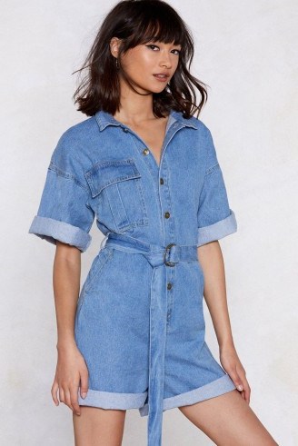 NASTY GAL The Complete Package Denim Romper | blue belted playsuit - flipped