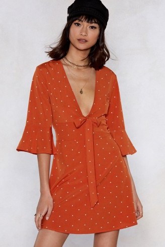 Nasy Gal Tied of You Polka Dot Dress in Burnt Orange | plunge front vintage style frock - flipped