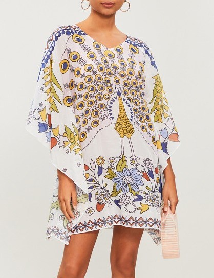 TORY BURCH Meadow Folly cotton and silk-blend kaftan ivory / floral & peacock print cover-up - flipped