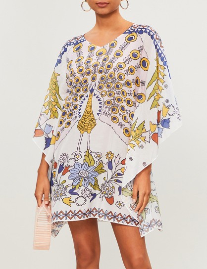 TORY BURCH Meadow Folly cotton and silk-blend kaftan ivory / floral & peacock print cover-up