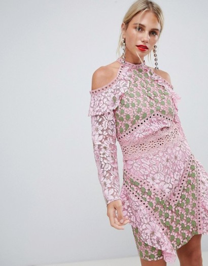 True Decadence Cold Shoulder Lace Dress With Eyelet Detail in Pink/Green | luxe party frock