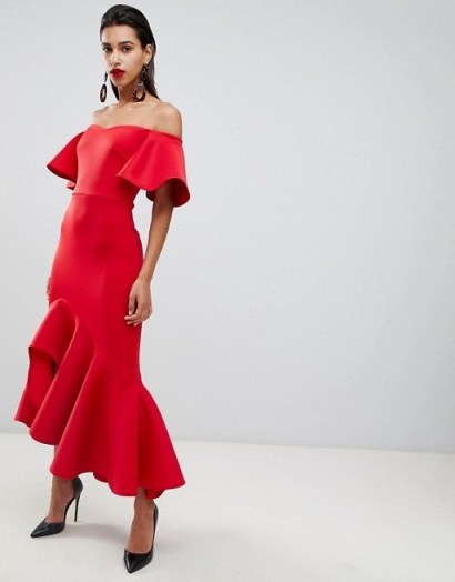 True Violet bardot midi dress with dramatic frill detail in red | off shoulder party frock - flipped
