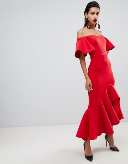 True Violet bardot midi dress with dramatic frill detail in red | off shoulder party frock
