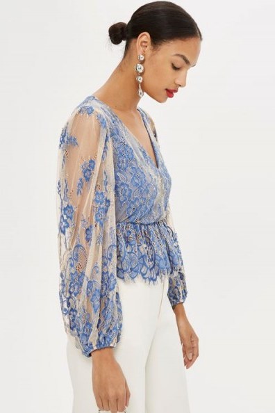 TOPSHOP Two Tone Lace Peplum Top – blue & nude sheer sleeved blouse - flipped