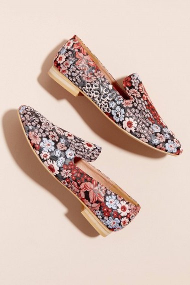 Vanessa Wu Floral-Print Flats in Pink | textile loafer - flipped
