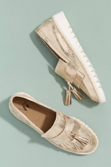 Vanessa Wu Metallic Tasselled-Leather Loafers in Gold | luxe flats - flipped