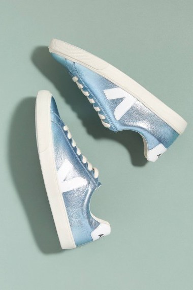 Veja Fair Trade Esplar Metallic-Leather Trainers | shiny blue sneakers | sports luxe - flipped